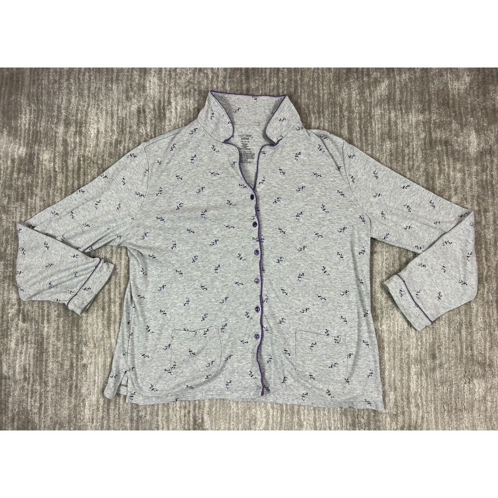 Simply Basic Pajama Top Womens L 12-14 Gray Purple Floral Button Front Sleepwear